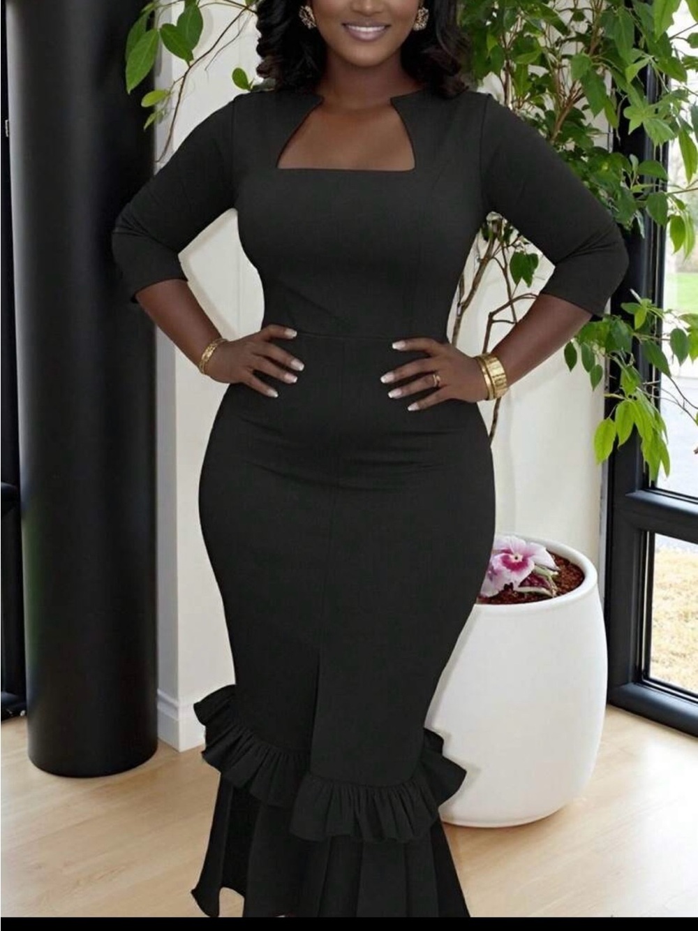 Elegant Black Midi Dress with Ruffle Hem